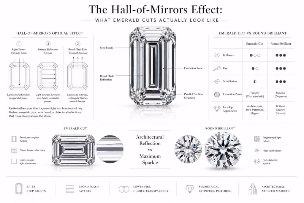 Emerald Cut Hall Of Mirrors Effect Infographic Technical editorial infographic explaining the hall-of-mirrors effect in emerald cut diamonds, featuring a hyper-realistic emerald cut stone, step facet reflection diagrams, extinction zone visualization, and comparison between emerald cut and round brilliant optical performance on a clean white architectural layout.