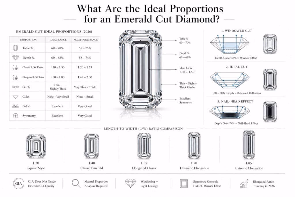 Emerald Cut Ideal Proportions Guide Technical editorial infographic explaining ideal emerald cut diamond proportions, featuring a hyper-realistic emerald cut diamond, proportion tables, windowing and nail-head effect diagrams, and length-to-width ratio comparisons in a clean white architectural gemology-style layout.