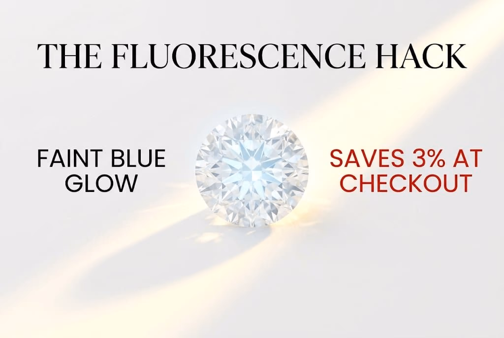 Technical white background illustration showing an F color diamond glowing icy white in sunlight, with Canela typography reading 'The Fluorescence Hack' explaining faint blue fluorescence.