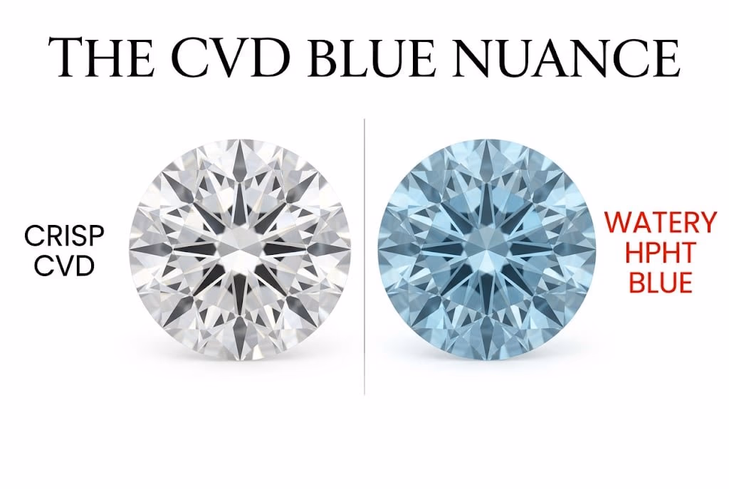 White background visual guide comparing a crisp CVD diamond to a watery blue HPHT diamond, with Canela typography reading 'The CVD Blue Nuance' when auditing an F color diamond