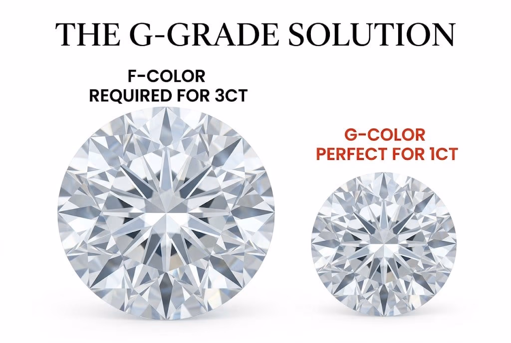 A luxury white background infographic comparing a 3-carat F color diamond to a 1-carat G color diamond, with Canela typography reading 'The G-Grade Solution' for scale arbitrage.