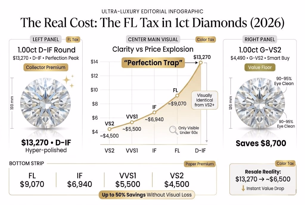 Fl Tax Diamond Pricing 2026 Comparison Infographic Luxury infographic showing the FL tax in 1 carat diamonds, comparing D-IF, FL, IF, VVS1, and VS2 pricing with a steep price curve and highlighting how VS2 offers identical visual appearance for up to $8,700 less.