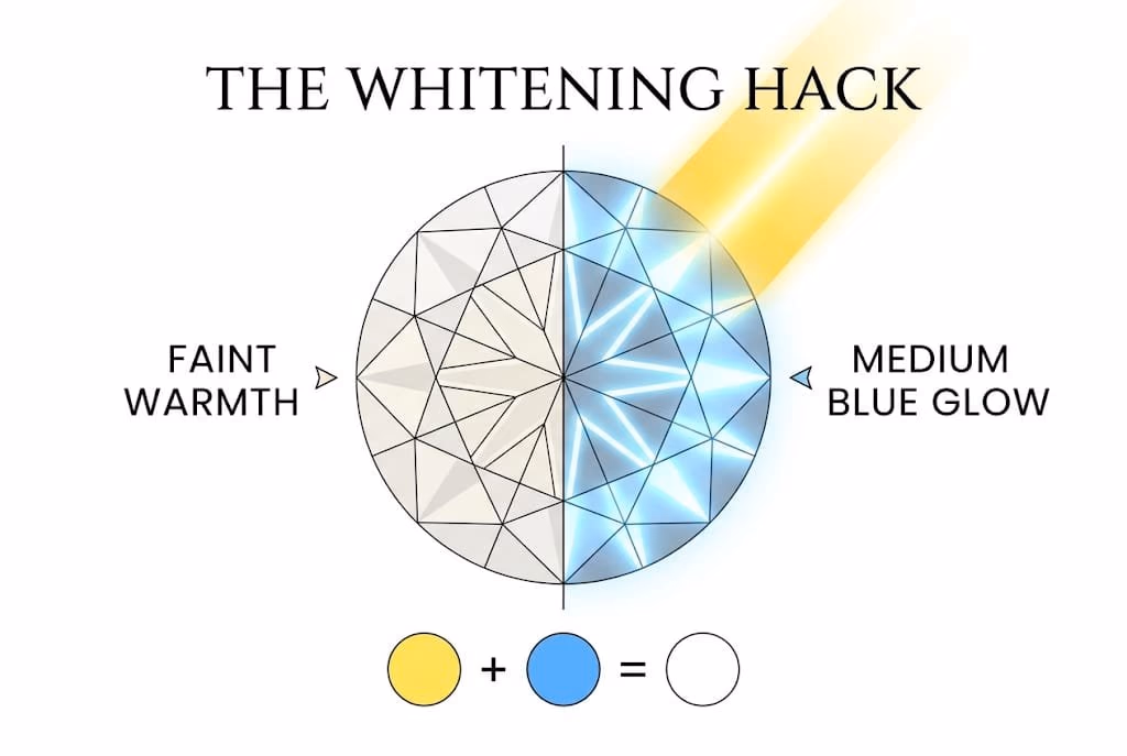 Technical white background illustration showing a G color diamond glowing icy white in sunlight to cancel yellow tint, with Canela typography reading 'The Whitening Hack'.