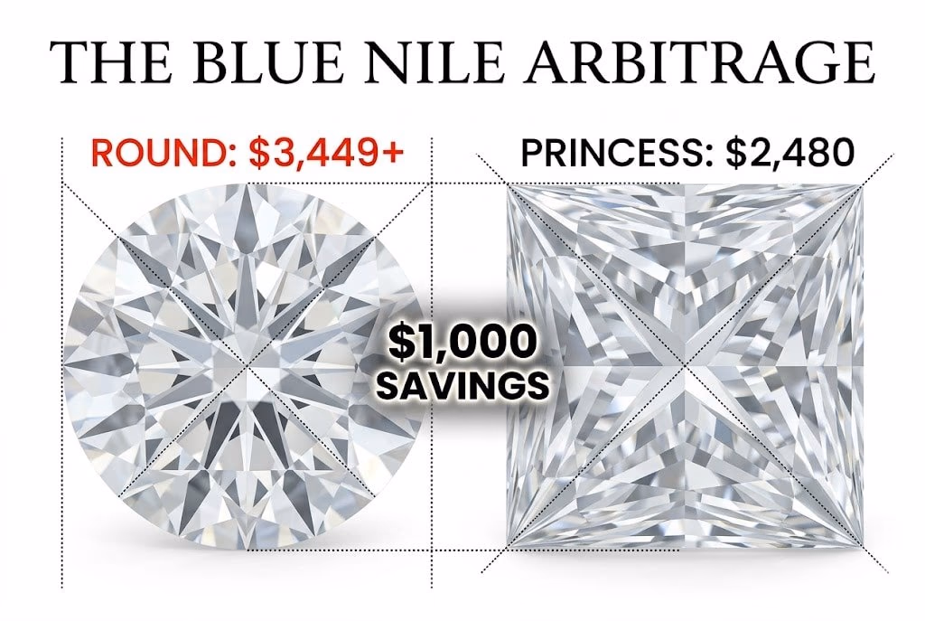 A luxury white background infographic comparing a $3,449 round diamond to a $2,480 princess cut diamond, with Canela typography reading 'The Blue Nile Arbitrage' for a G color diamond.