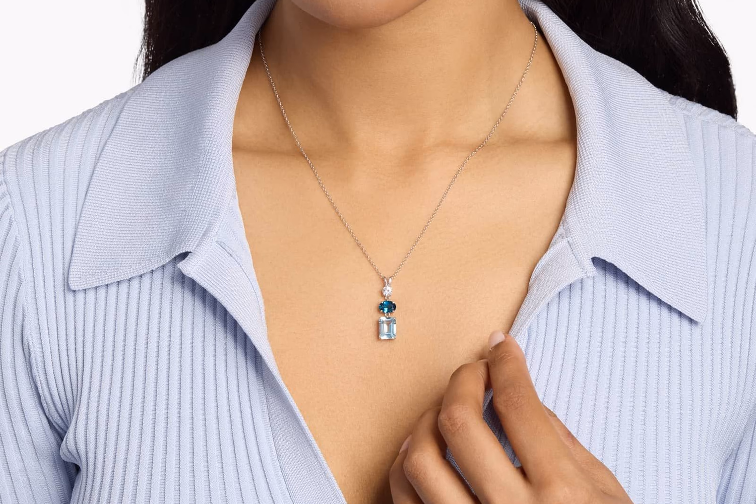 Blue Nile sterling silver gemstone solitaire pendant necklace lifestyle photo