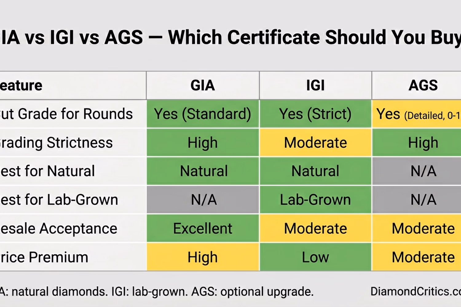 GIA vs IGI vs AGS round diamond certification comparison — grading standards, cut grade, and lab-grown acceptance
