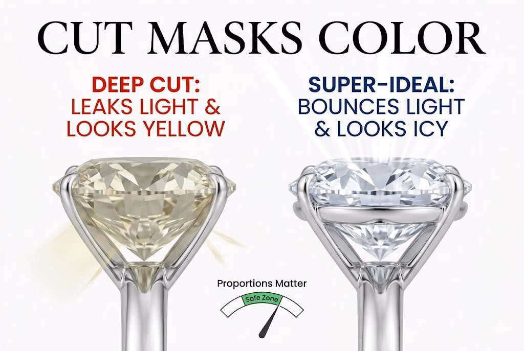 H Color Diamond Ideal Cut Proportions Masks Yellow Tint A luxury white background infographic showing how a Super-Ideal cut masks the yellow tint in an H color diamond, with Canela typography reading 'Cut Masks Color'.