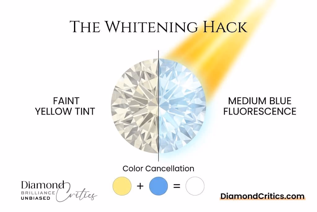 H Color Diamond Medium Blue Fluorescence Whitening Hack Technical white background illustration showing an H color diamond whitening under UV sunlight via fluorescence, with Canela typography reading 'The Whitening Hack'.