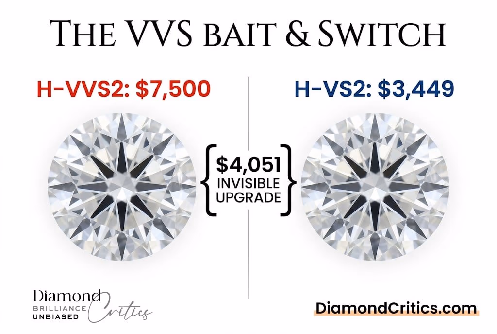 H Color Diamond Vvs2 Vs Vs2 Bait And Switch Pricing White background visual guide comparing a $7,500 H-VVS2 diamond to a $3,449 H-VS2 diamond, with Canela typography reading 'The VVS Bait & Switch'.