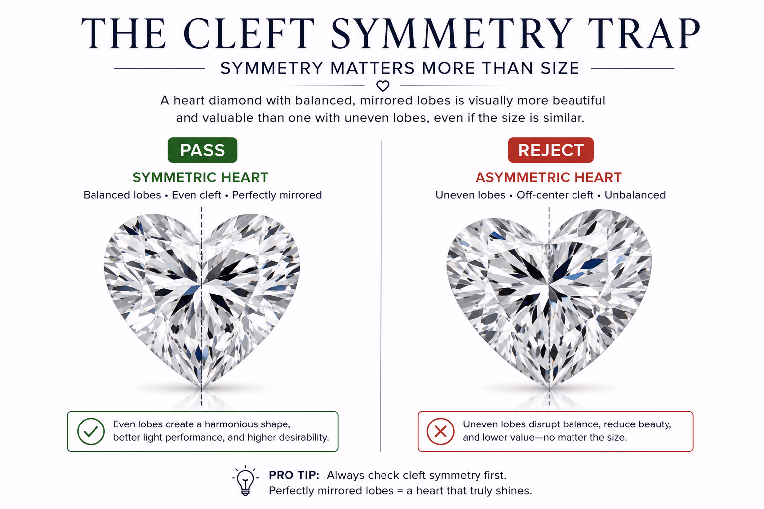 Heart Shape Diamond Cleft Symmetry Trap Infographic Infographic on white editorial background comparing a symmetric heart diamond with perfectly mirrored lobes labeled Pass against an asymmetric heart with one lobe visibly larger labeled Reject — The Cleft Symmetry Trap — with a vertical dashed center line drawn through the cleft notch down to the pointed tip