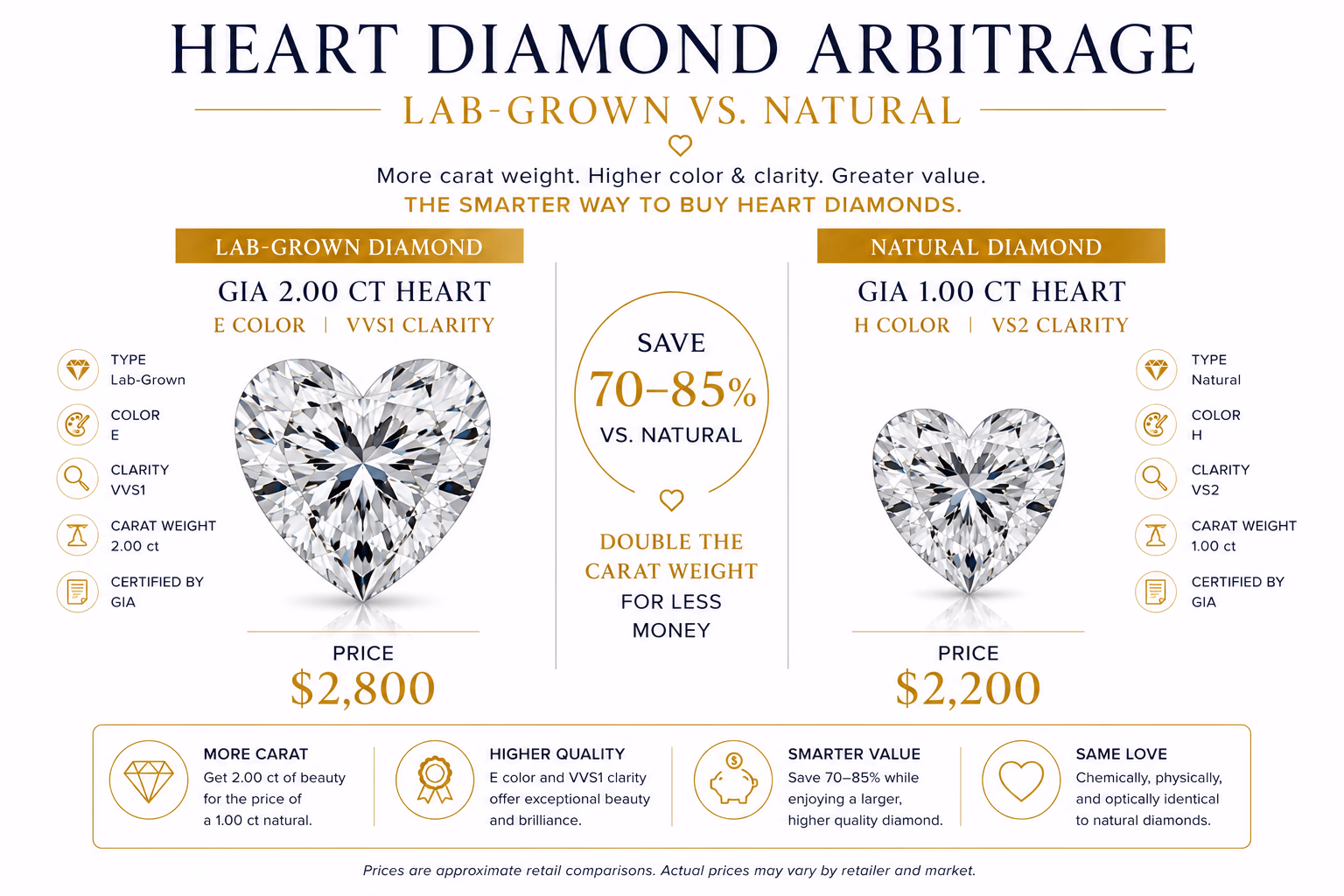 Heart Shape Diamond Lab Vs Natural Arbitrage Infographic on white editorial background showing lab-grown versus natural heart diamond arbitrage — side-by-side comparison of GIA 2ct E-VVS1 lab heart at $2,800 versus natural 1ct H-VS2 at $2,200, with a 70–85% savings badge and double carat weight callout, clean luxury editorial layout with gold accent color