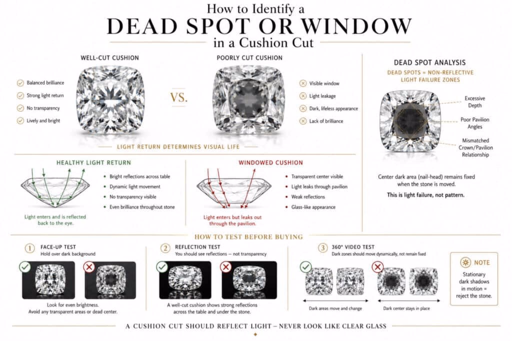 Horizontal infographic explaining how to identify dead spots and windowing in cushion cut diamonds, comparing a well-cut cushion with strong light return against a poorly cut windowed cushion with transparency and dark nail-head zones, including diagrams showing light leakage and a three-step inspection checklist.
