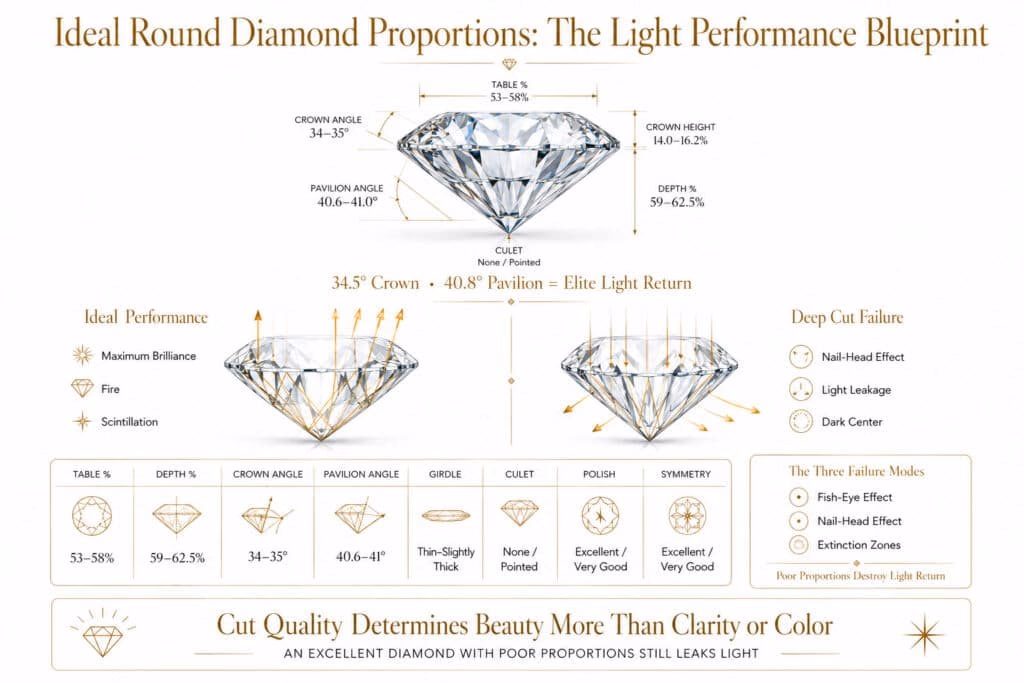 Luxury horizontal infographic showing ideal round brilliant diamond proportions including crown angle pavilion angle table depth and light performance blueprint with white background and gold accents