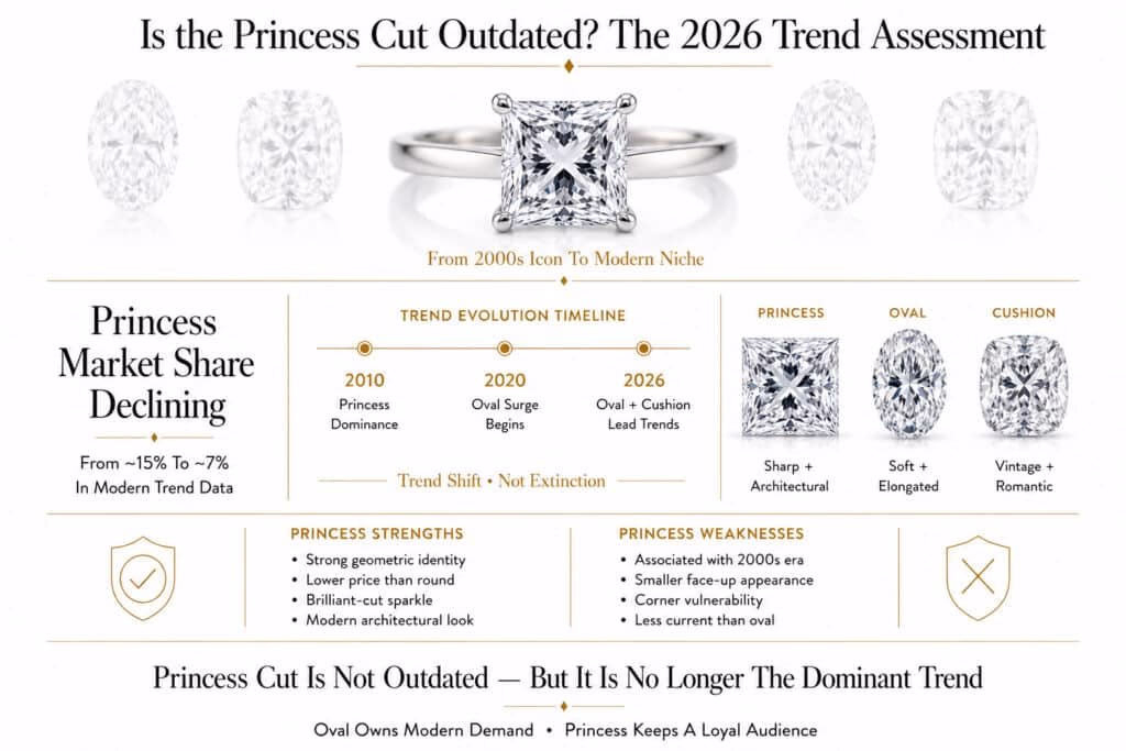 Horizontal editorial infographic analyzing whether princess cut diamonds are outdated in 2026, featuring trend timelines, market share comparison, princess versus oval and cushion silhouettes, and minimalist gold-accented design on a pure white background.