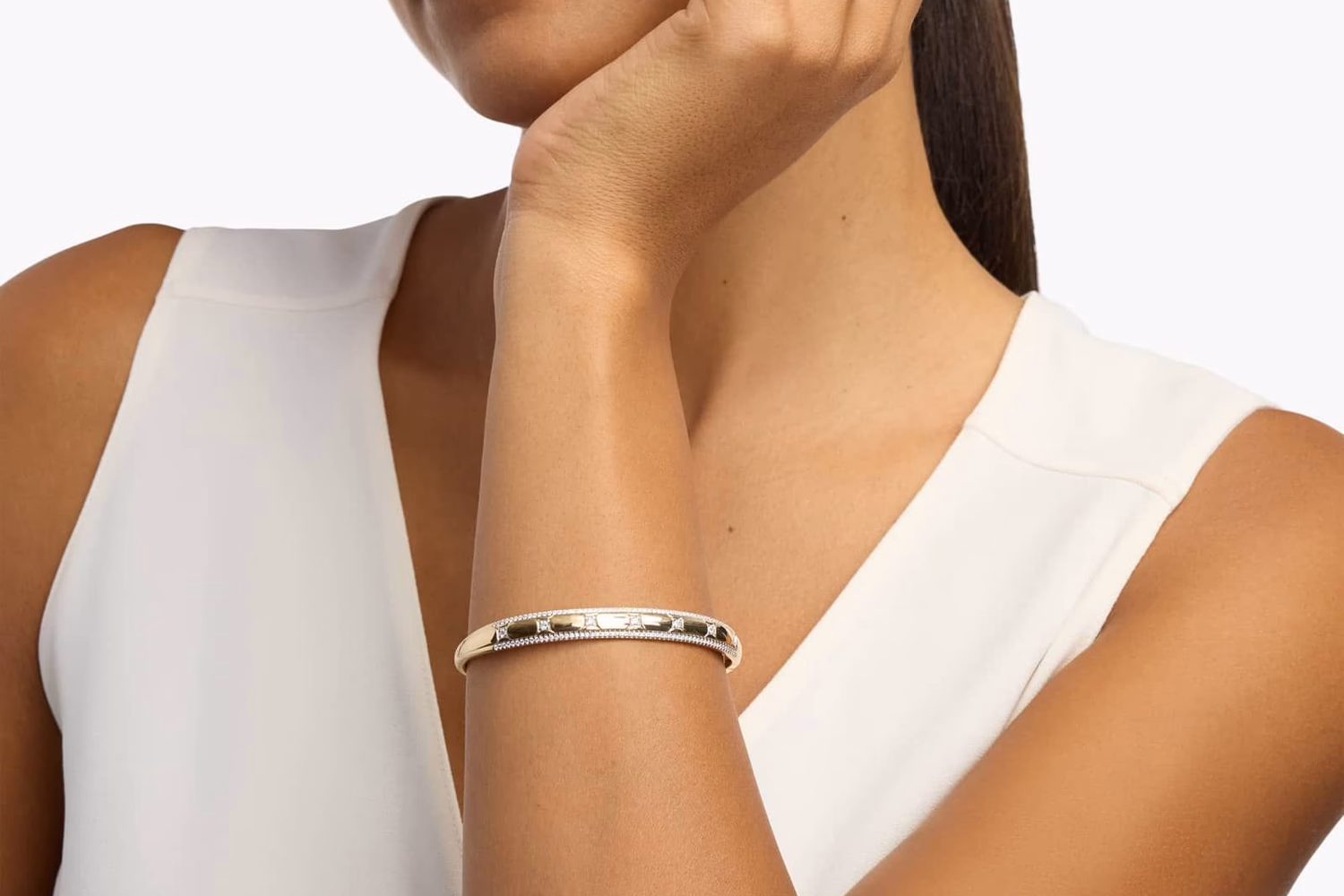 Italian gold bangle bracelet in 14k yellow gold, Blue Nile lifestyle shot
