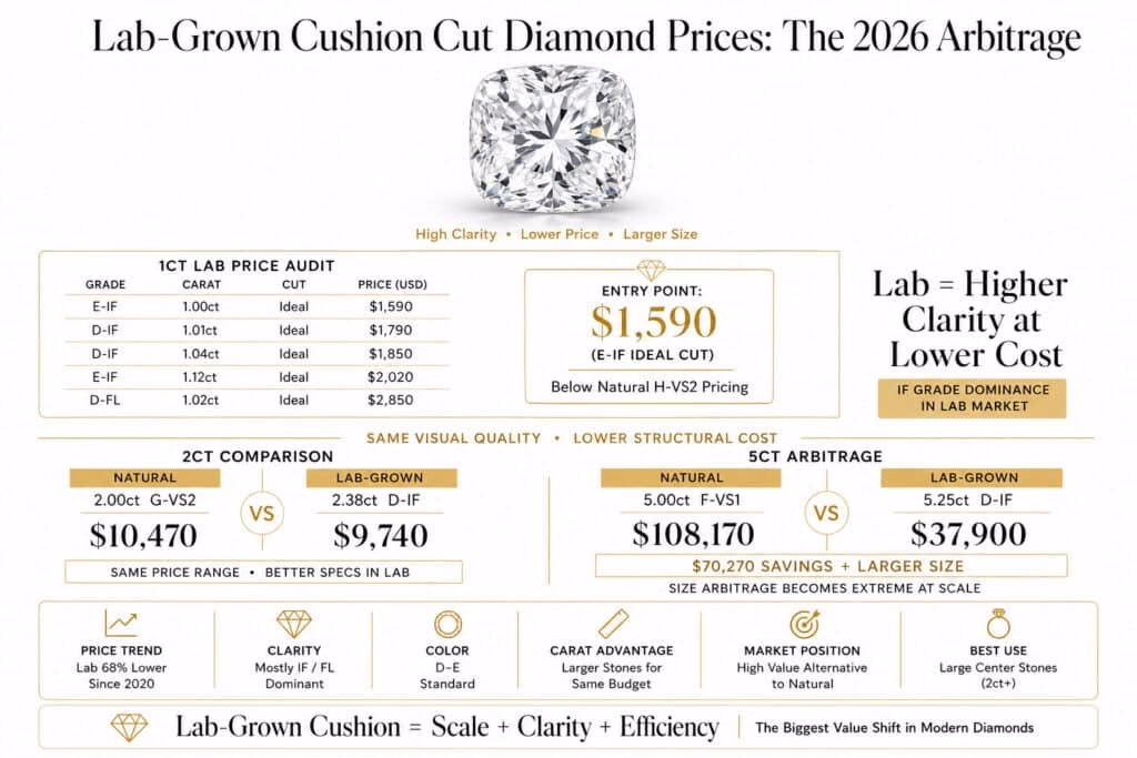 Editorial infographic showing 2026 lab-grown cushion cut diamond prices with 1ct to 5ct price breakdowns, comparison to natural diamonds, and large-scale cost arbitrage on a white background.
