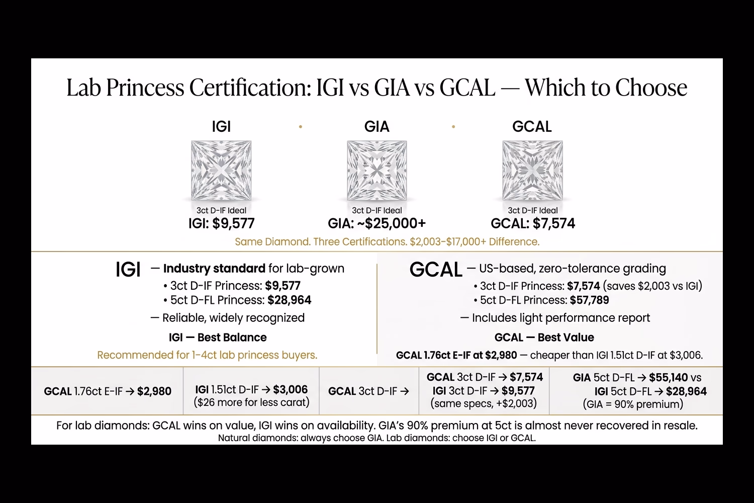 Lab-grown princess cut diamond certification guide: IGI vs GIA vs GCAL comparison showing price differences, grade reliability, and which to choose at each budget level