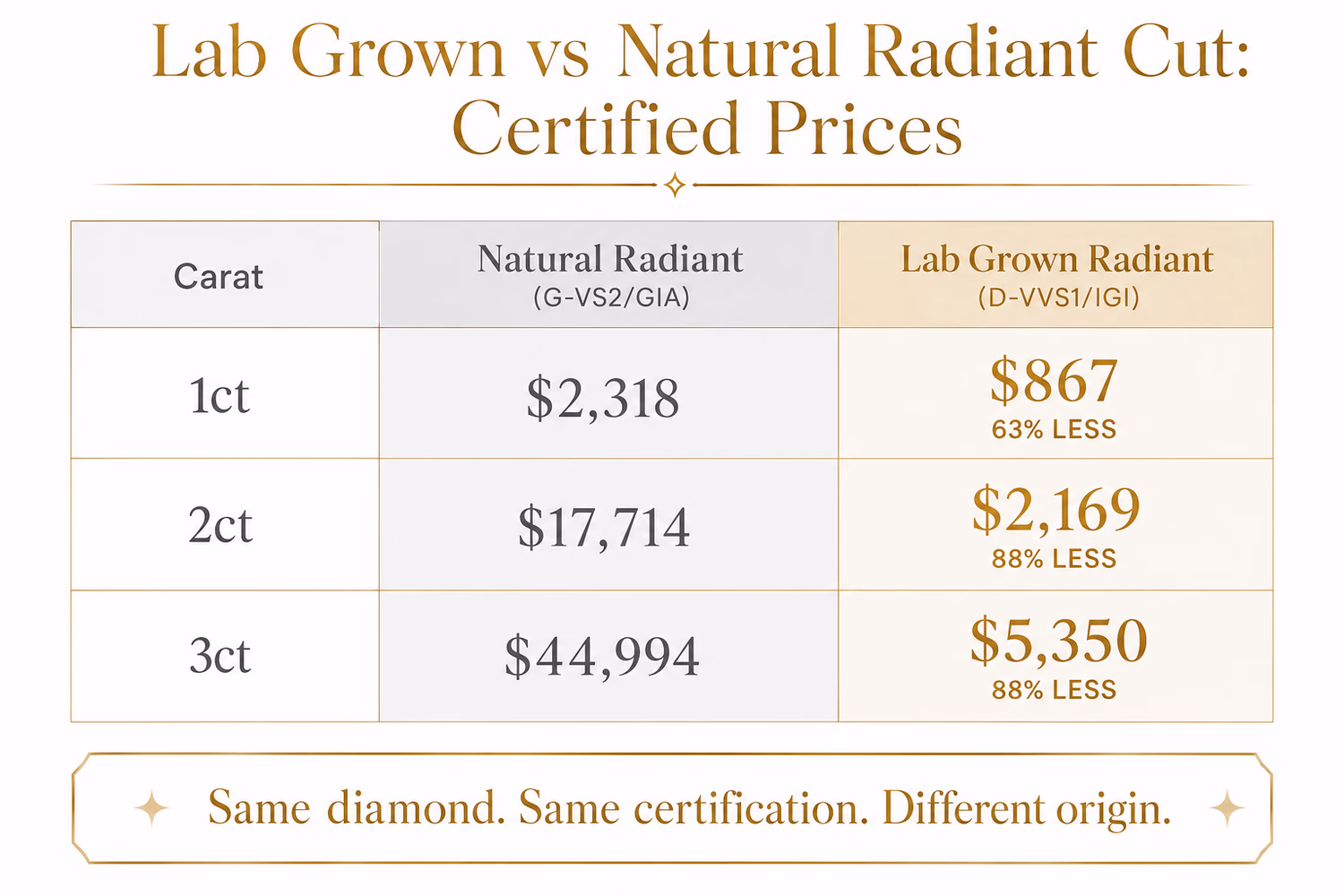 Lab grown vs natural radiant cut diamond price comparison chart — 1ct through 3ct certified market data