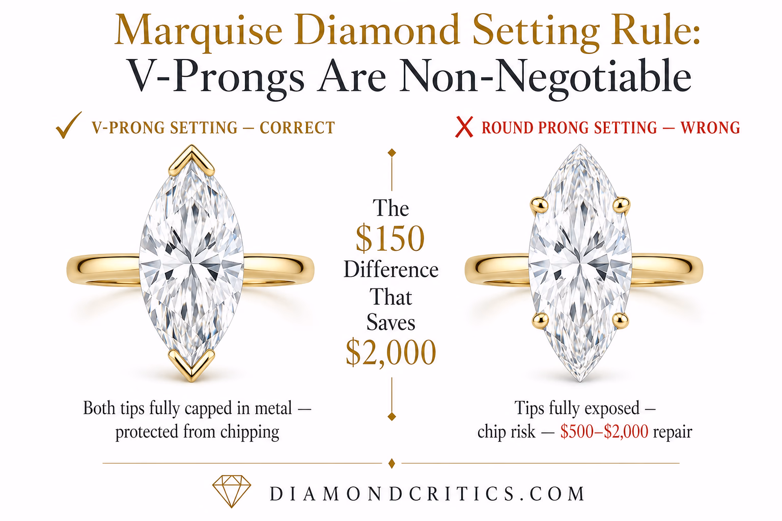Infographic comparing V-prong setting (correct, tips protected) vs round prong setting (wrong, tips exposed and vulnerable to chipping) for marquise cut diamonds