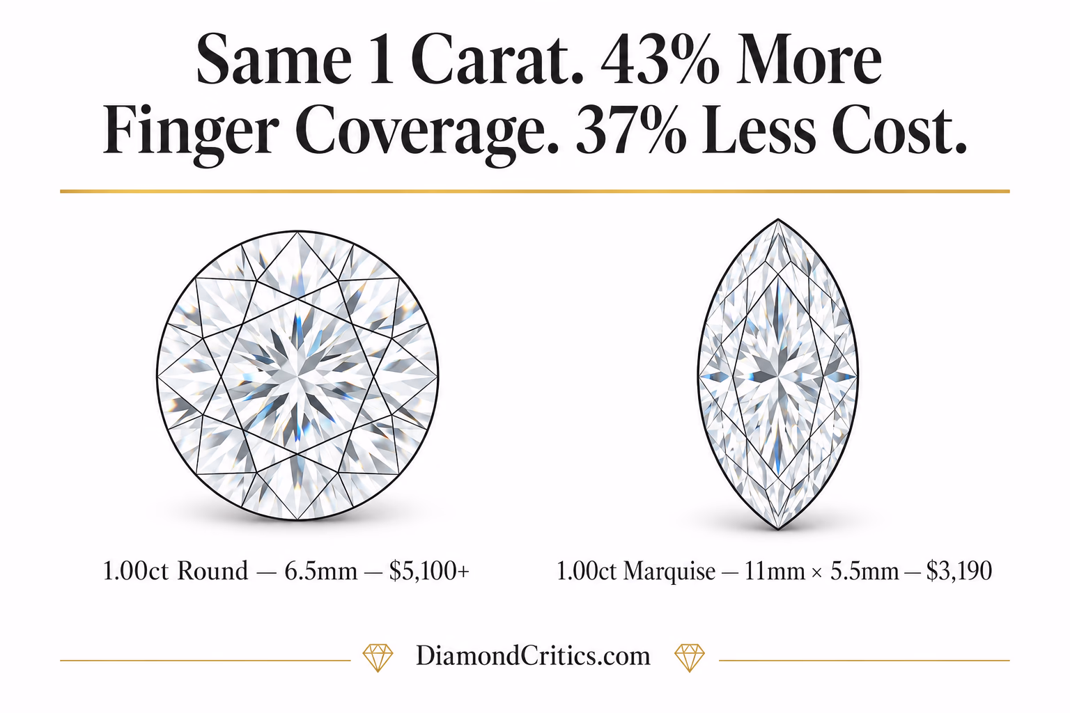 Infographic comparing 1.00ct marquise cut diamond vs round brilliant face-up size — marquise covers 43% more finger surface at 37% lower cost