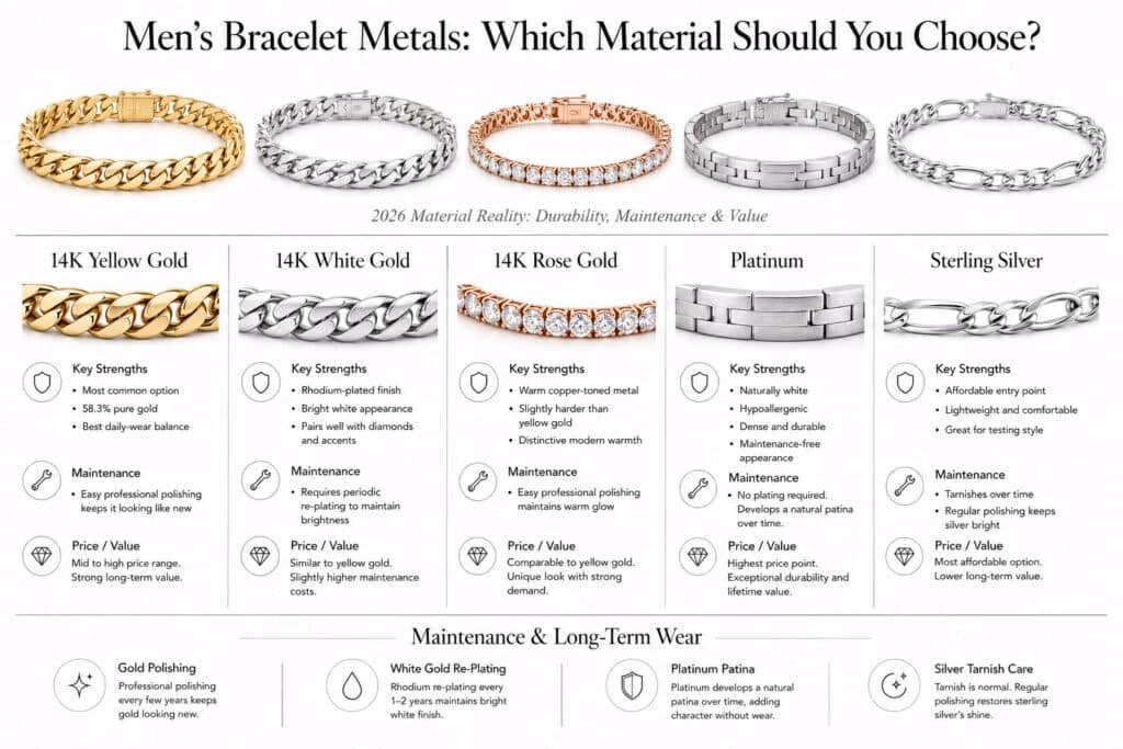 Wide horizontal editorial infographic on a pure white background comparing men’s bracelet metals including 14K yellow gold, 14K white gold, 14K rose gold, platinum, and sterling silver. The design features realistic Cuban link chains, tennis bracelets, platinum bracelets, and silver Figaro bracelets arranged in a modern masculine jewelry-editorial layout with subtle shadows, thin divider lines, and clean typography. Sections explain durability, maintenance, rhodium plating, polishing, tarnish resistance, and long-term wear characteristics. Premium minimal aesthetic without floral or ornate decorative styling.