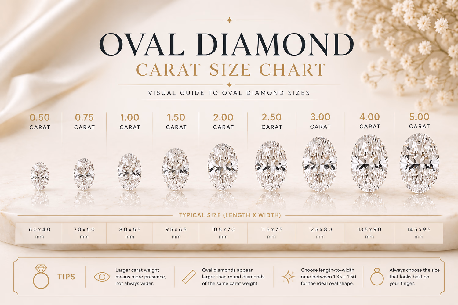Oval Diamond Carat Size Chart: MM Dimensions Guide (2026)