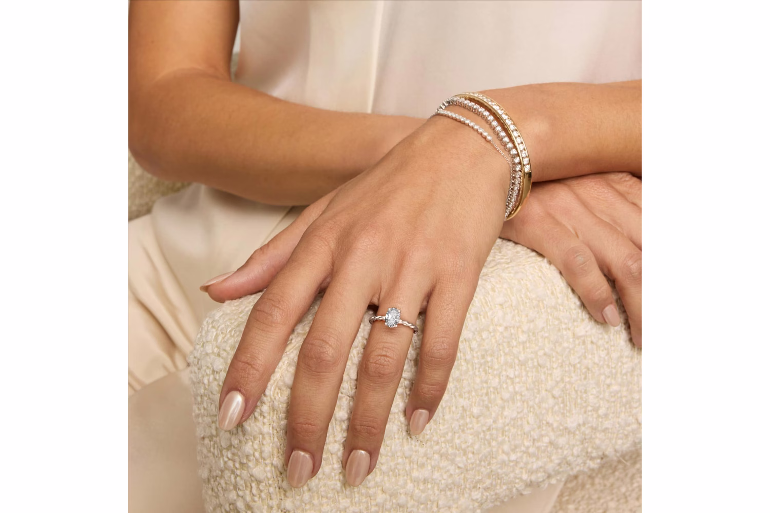 oval diamond solitaire ring in white gold close up
