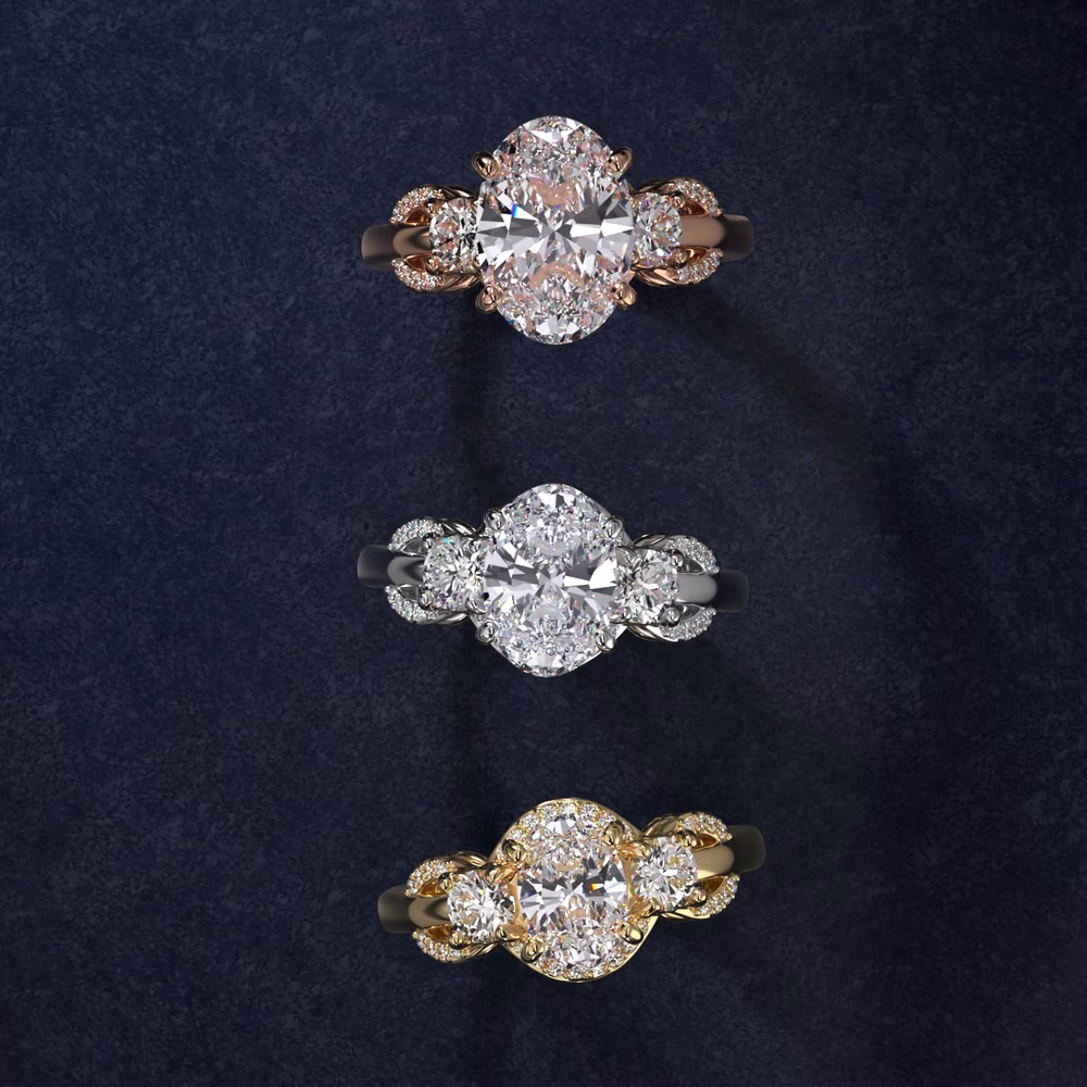 oval diamond three stone ring with pear side stones