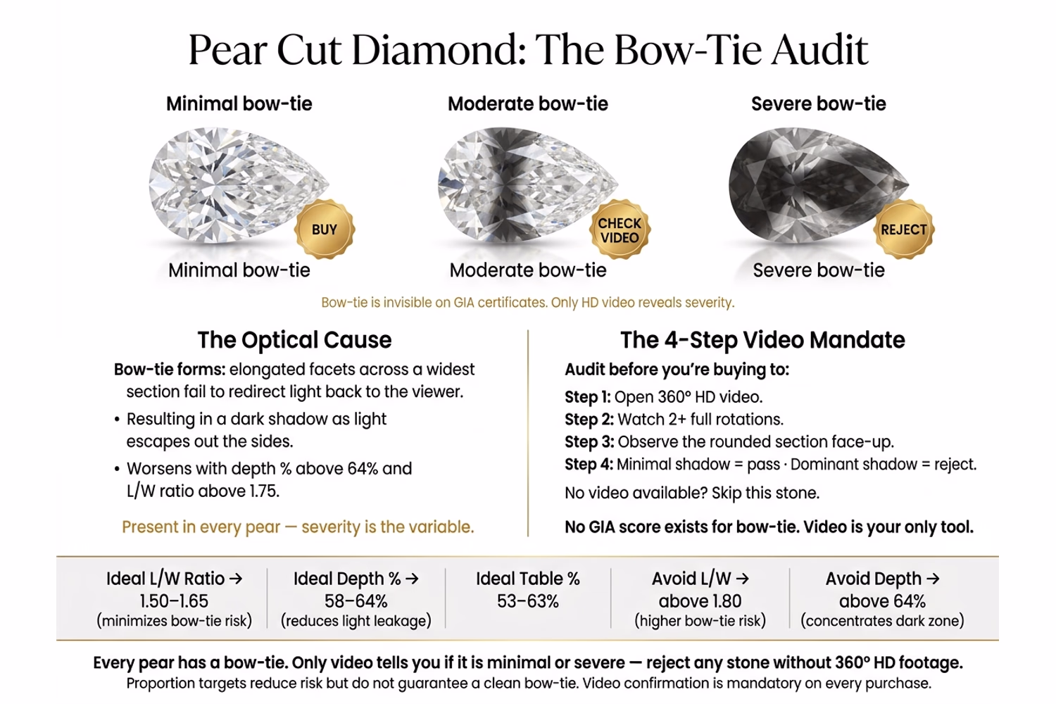 Pear cut diamond bow-tie audit infographic — four pear diamonds graded from minimal to severe bow-tie shadow, with proportion ranges that correlate to each severity level