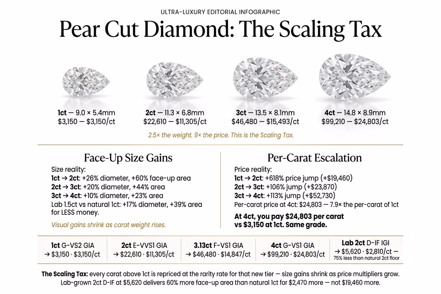 Pear cut diamond scaling tax infographic — price-per-carat chart from 1ct to 3ct natural pear showing the exponential cost curve with real Blue Nile price data