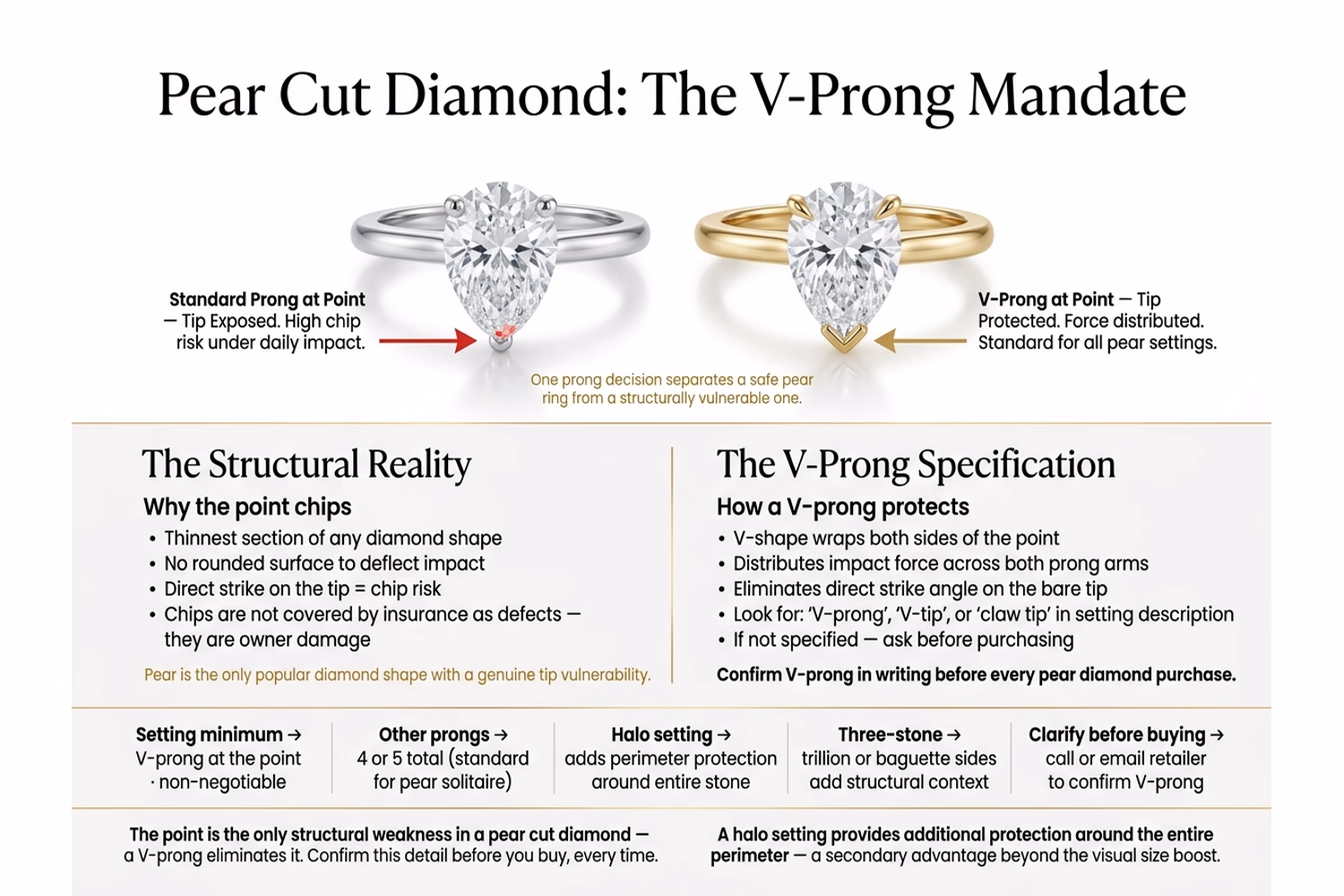 Pear cut diamond V-prong mandate infographic — side-by-side comparison of a standard prong at the point vs a V-prong wrapping the tip, with chip risk zone highlighted
