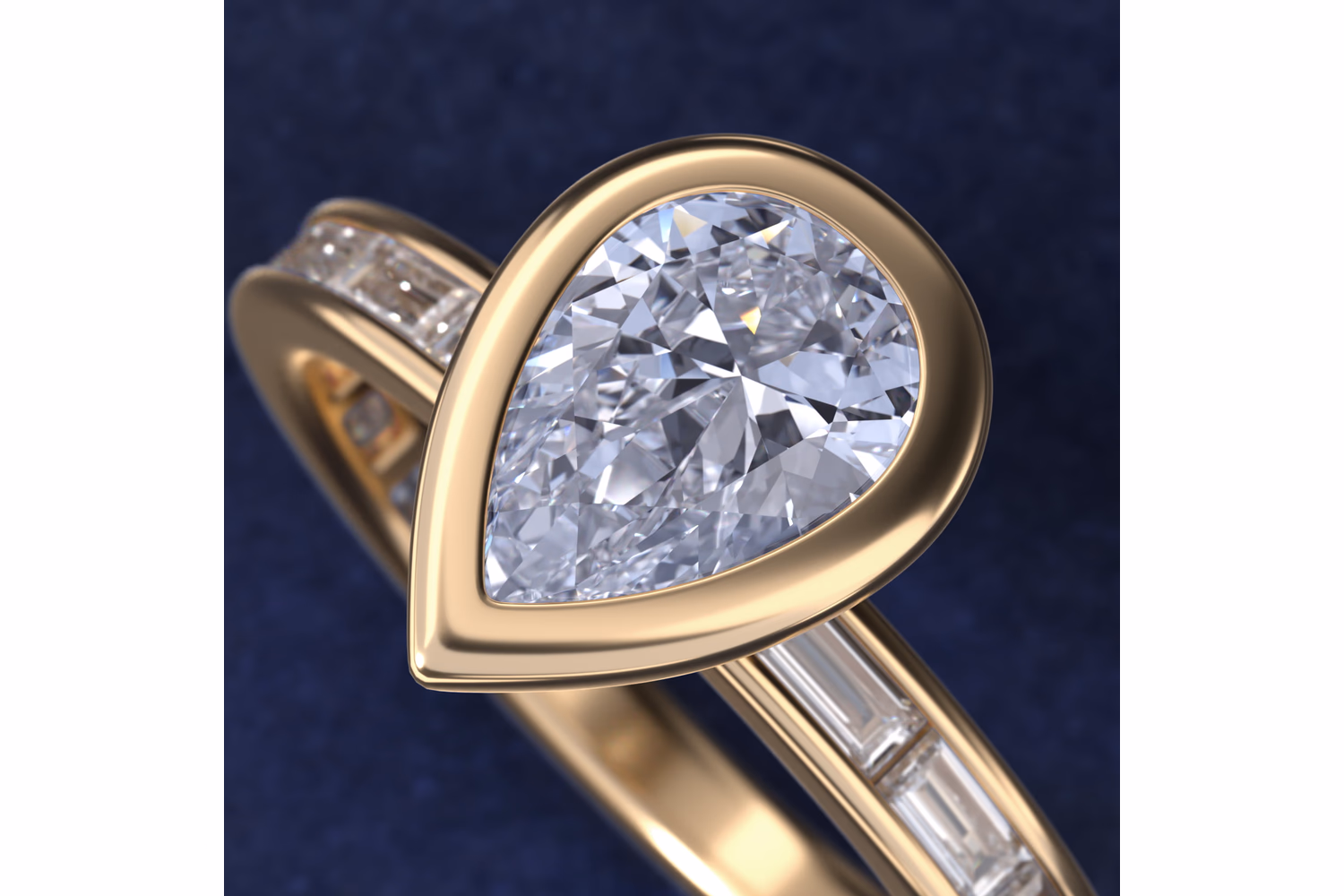 Bezel set pear diamond ring in yellow gold — east-west orientation, metal framing, Diamond Critics