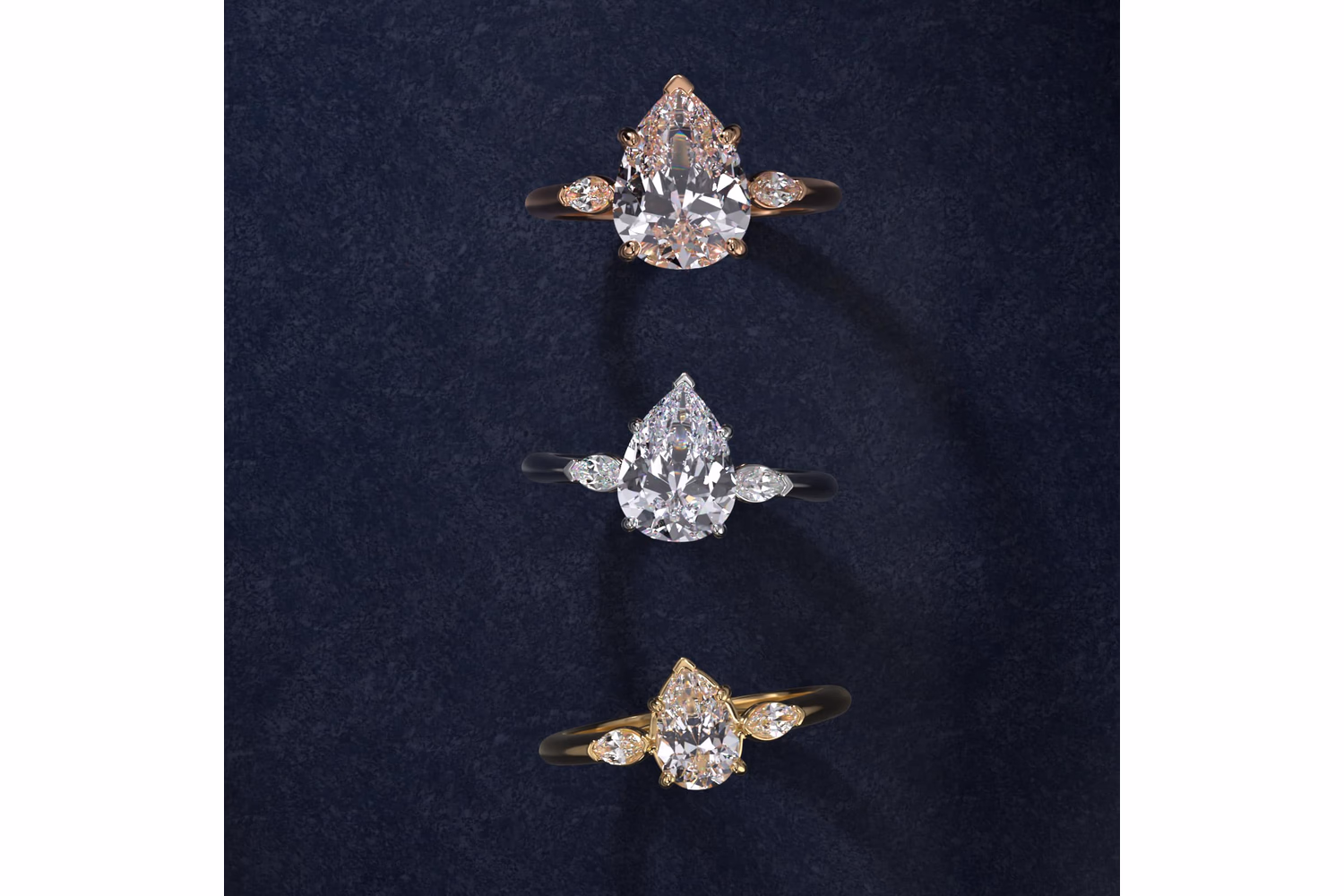 Pear diamond engagement ring cathedral solitaire in yellow gold — elevated basket lifting the pear diamond above the shank