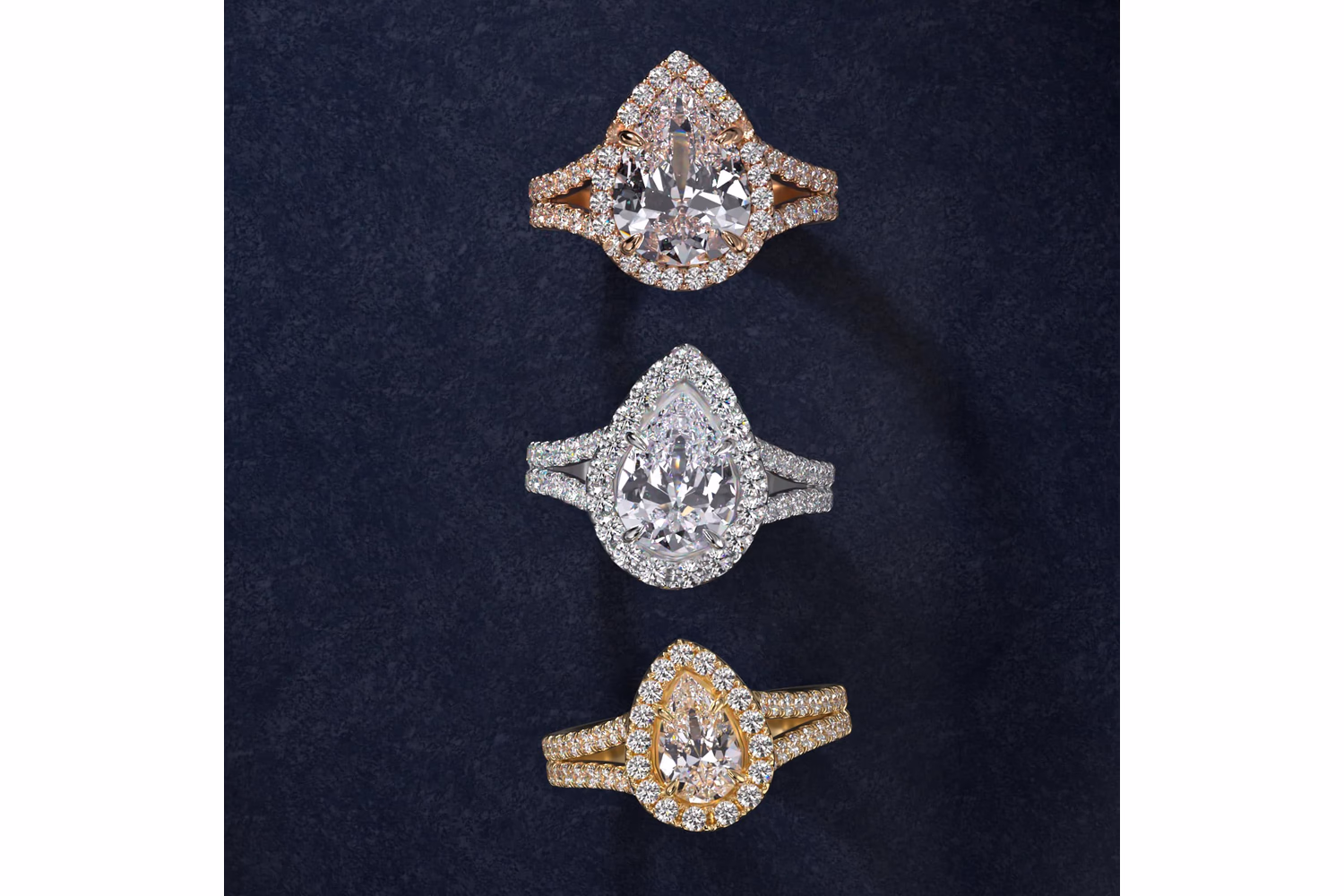 Pear diamond halo ring in rose gold — packshot setting view, Diamond Critics