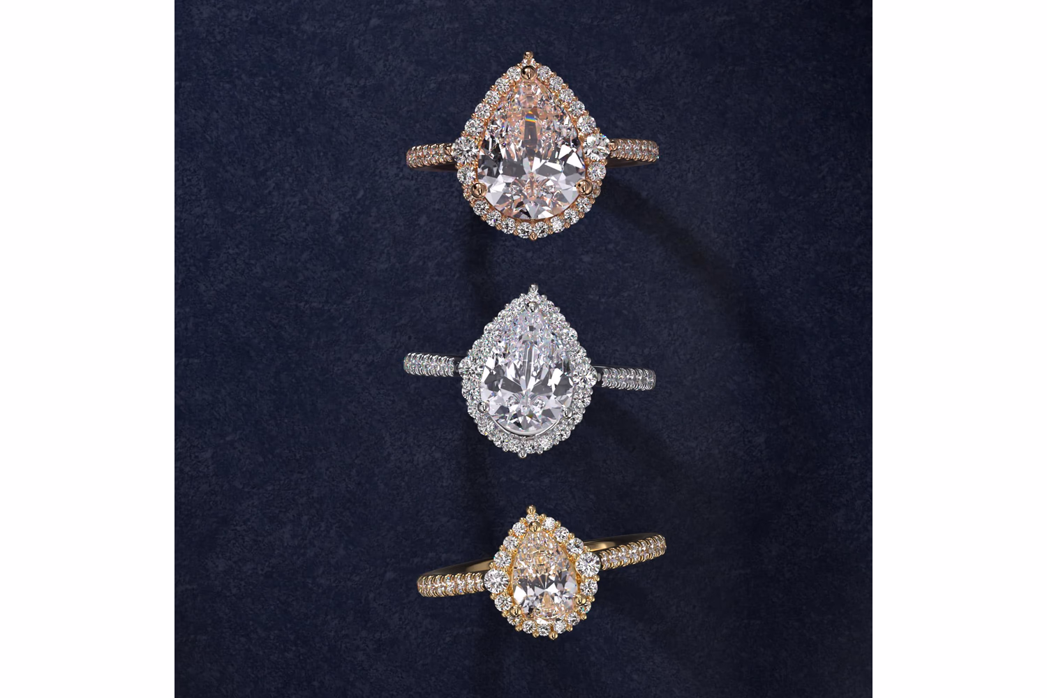 Pear diamond halo ring in white gold — visible pavé halo, vintage style, Diamond Critics