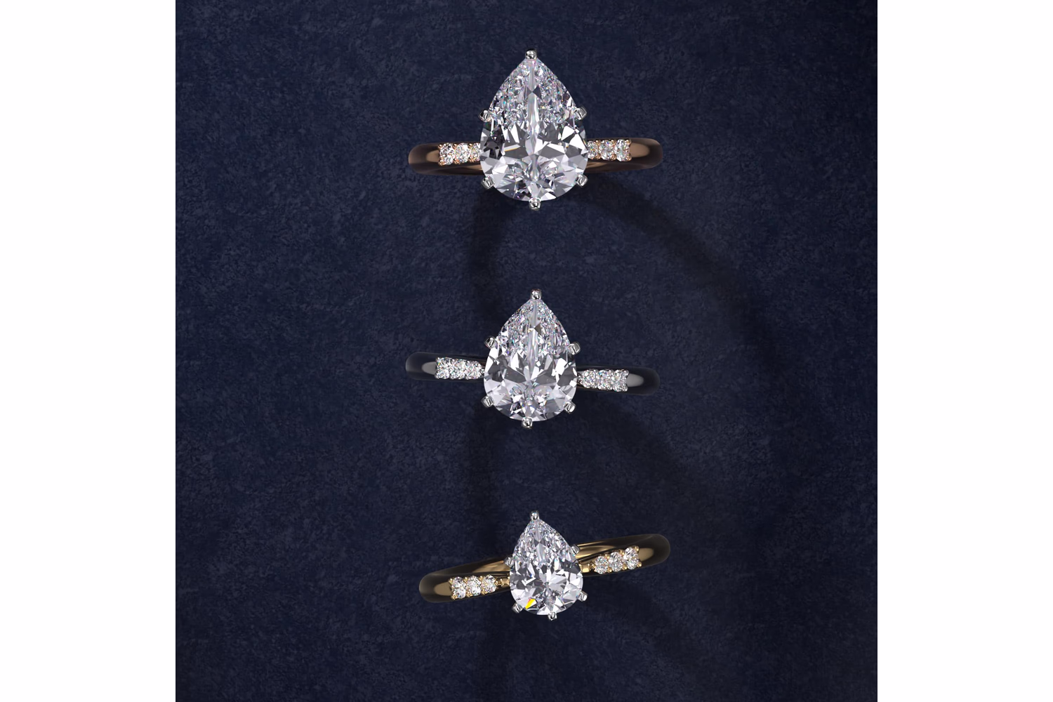 Pear shaped diamond ring in white gold cathedral solitaire setting — elevated center stone above the shank