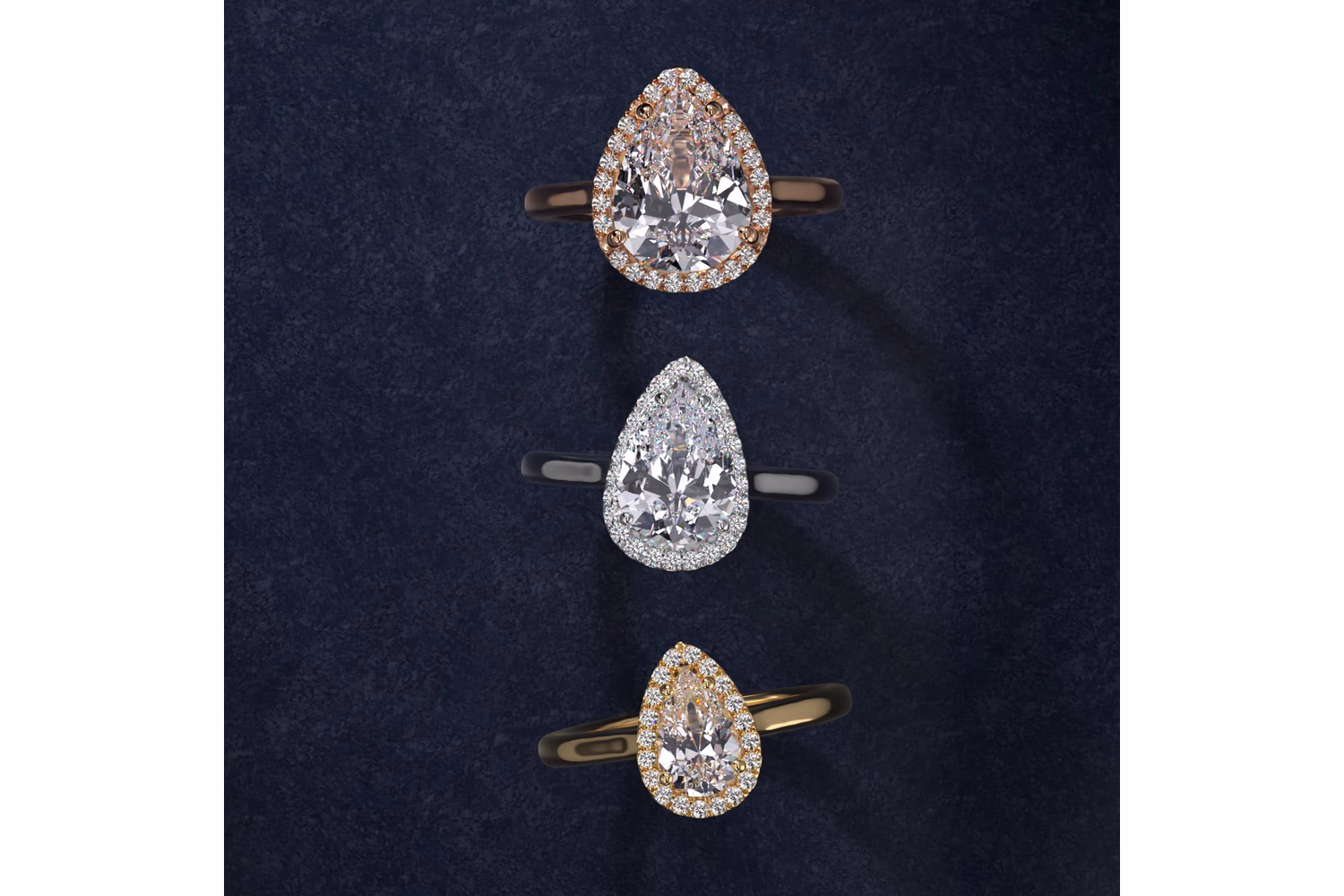 Pear shaped diamond halo ring in yellow gold — pear-outline halo with side stones tapering along the belly