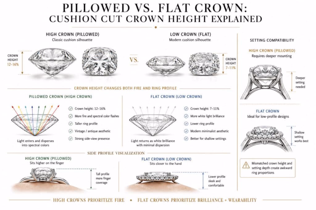 Horizontal infographic comparing pillowed high-crown and flat low-crown cushion cut diamonds, showing differences in crown height, fire versus brilliance performance, ring side profile, and ideal setting compatibility including bezel, prong, and pavé halo settings.