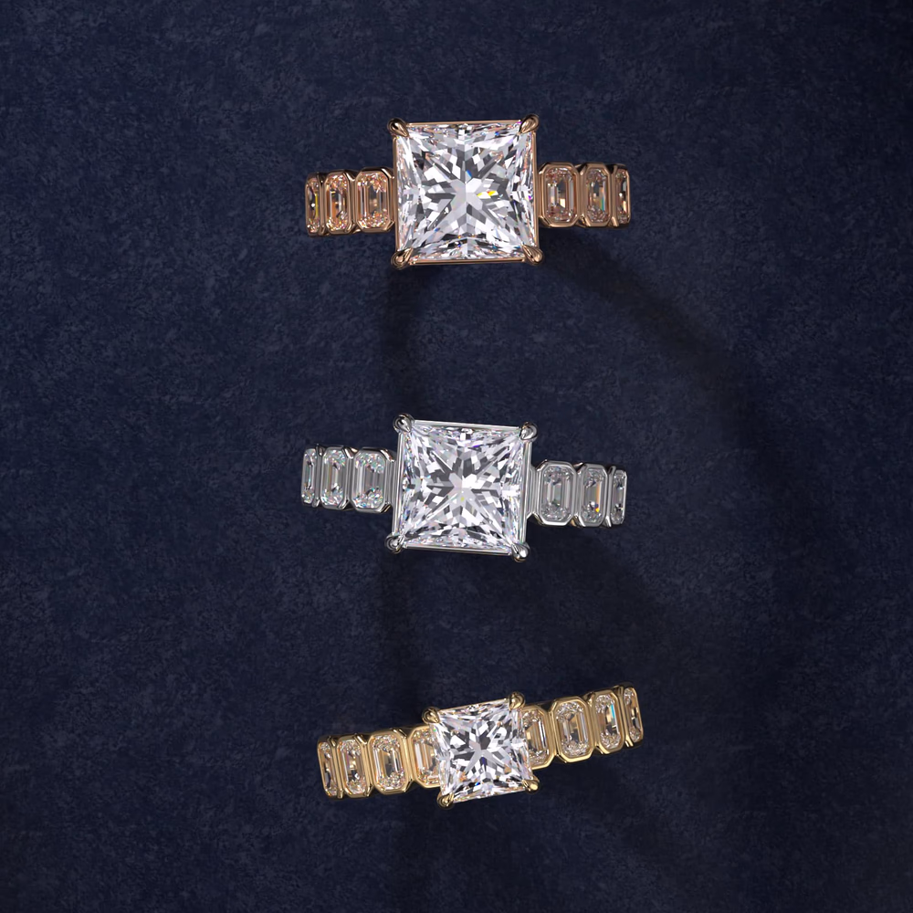 Bezel Solitaire Engagement Ring in 14K White Gold — princess cut center with continuous metal wall encasing all four corners, flat-band solitaire bezel