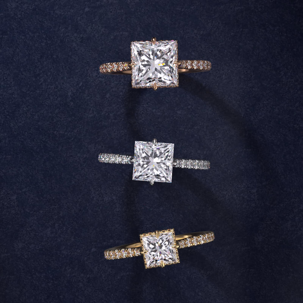 Cross Prong Solitaire Cathedral Engagement Ring in 14K White Gold — princess cut center, X-pattern prongs wrap more of the 90° corner angle reducing snag exposure