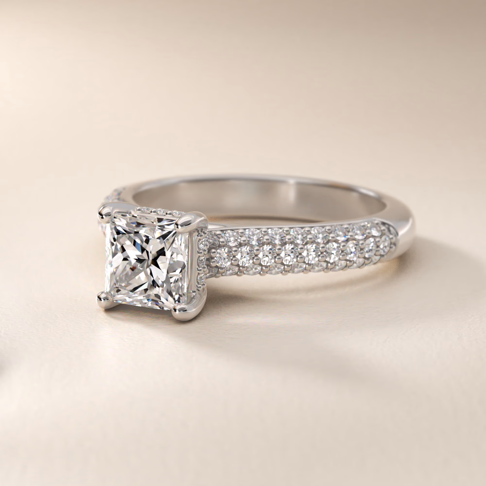 Cathedral Pavé Crown Diamond Engagement Ring in 14K White Gold — princess cut center, pavé diamonds run along the cathedral arch crown from center stone down to the band