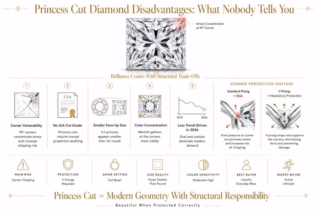 Horizontal editorial infographic explaining princess cut diamond disadvantages with corner vulnerability diagrams, V-prong protection comparison, technical risk cards, and minimalist gold-accented layout on a pure white background.