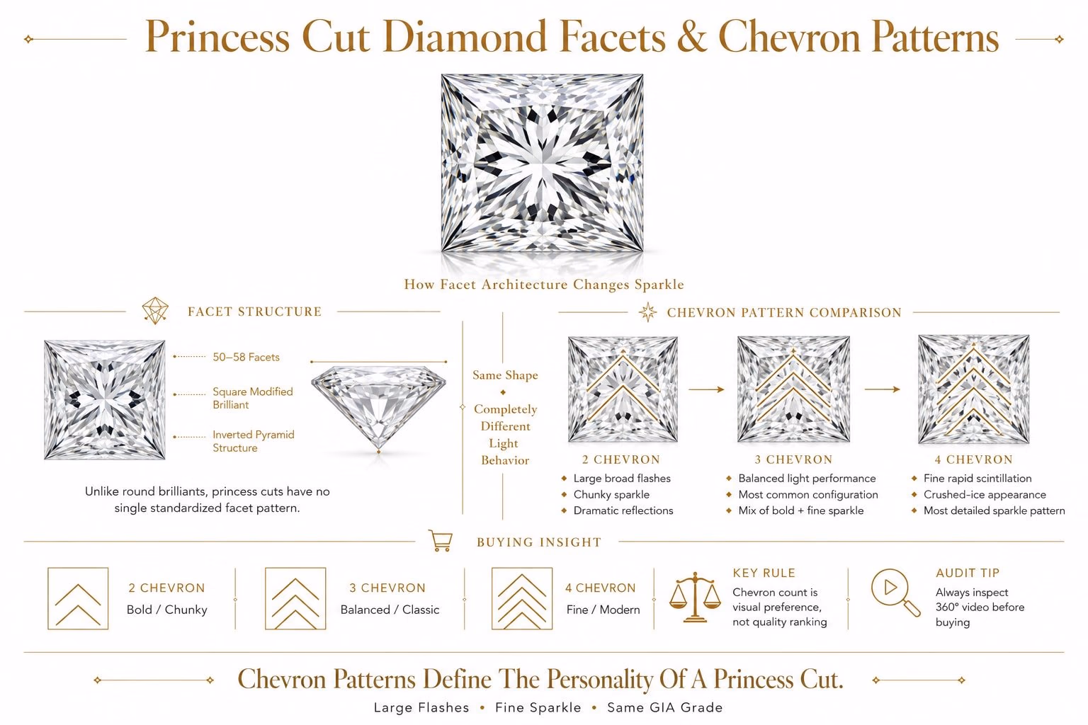 Princess cut facets and chevron pattern — how the cut affects light return and how to evaluate without a GIA cut grade