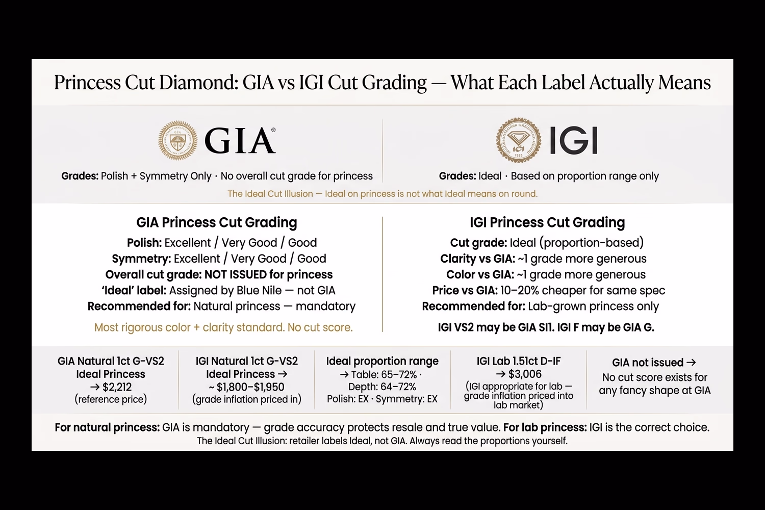 Princess cut diamond GIA vs IGI cut grades infographic: comparison showing GIA only grades polish and symmetry for princess while IGI issues Ideal cut grade, with proportion ranges and what each label actually means