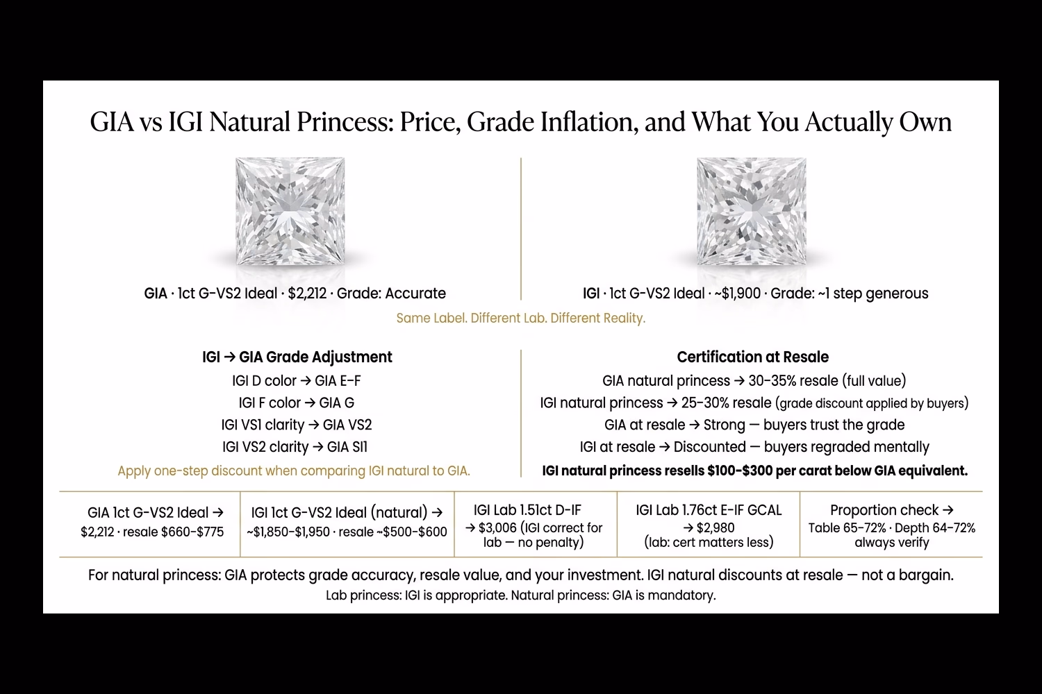 Princess cut diamond GIA vs IGI price comparison infographic: natural princess cut pricing at 1ct, 2ct showing GIA premium over IGI, grade translation table, and when each certification is appropriate