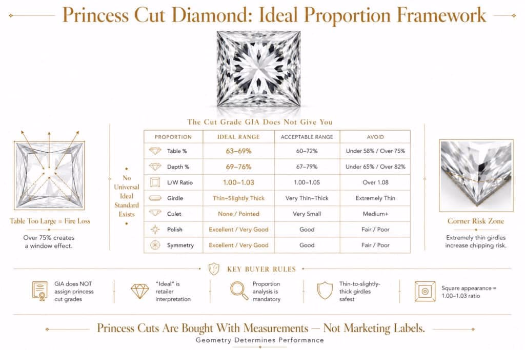 Ultra-luxury editorial infographic explaining ideal princess cut diamond proportions, including table percentage, depth, girdle safety, and structural corner risks on a clean white background with refined gold accents.