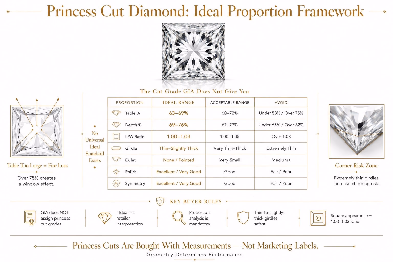 Princess cut ideal proportion framework 2026 — complete evaluation guide for table depth L:W ratio polish symmetry