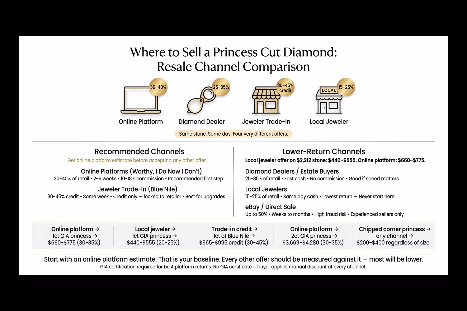 Princess cut diamond resale value by channel infographic: comparison of Worthy vs local jeweler vs dealer vs trade-in showing percentage returns and realistic dollar amounts at 1ct and 2ct, with recommended channel for each situation