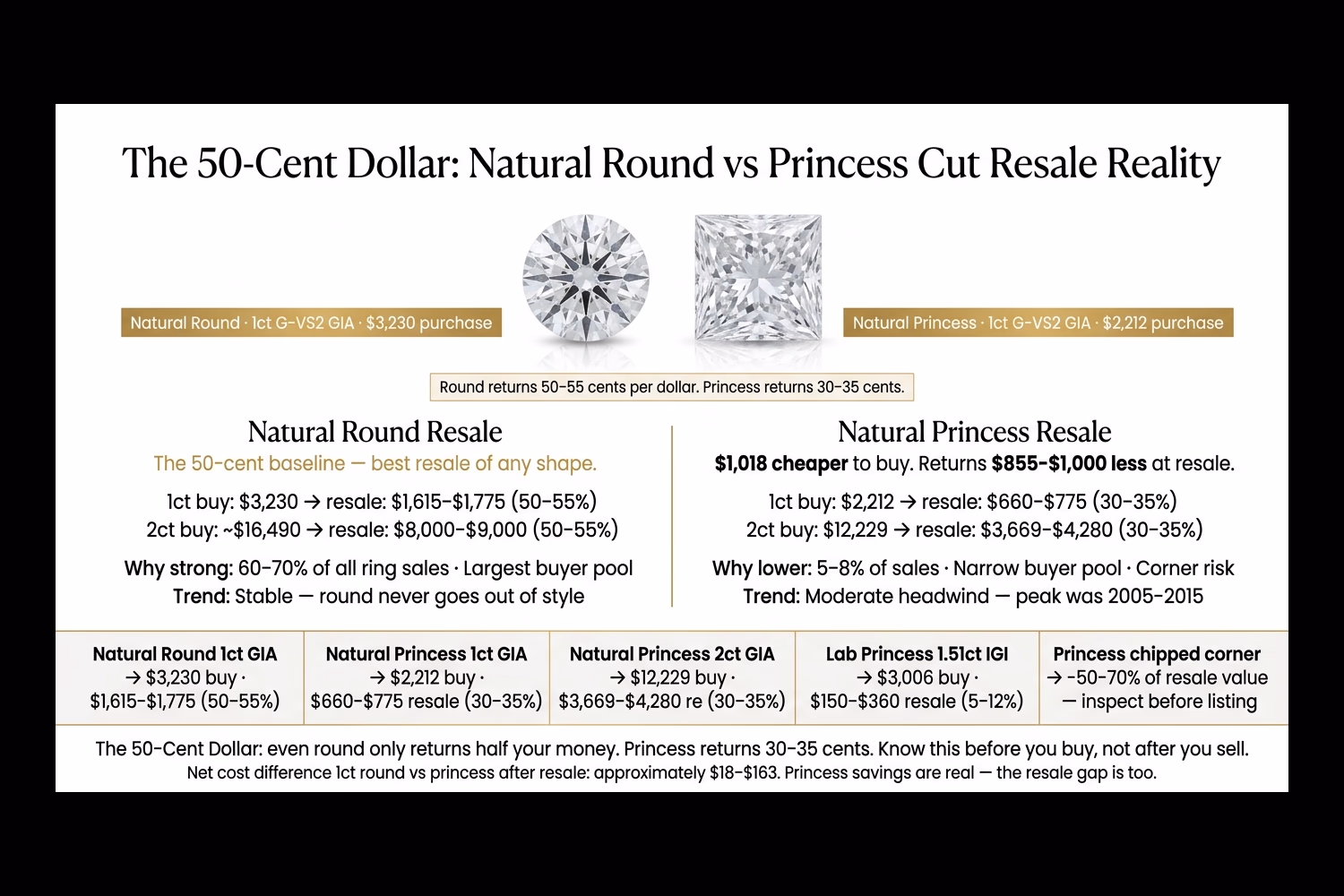 Princess cut diamond resale value comparison infographic: 50-cent dollar framework showing round returns 50-55% vs princess 30-35%, with 1ct and 2ct resale numbers and channel comparison