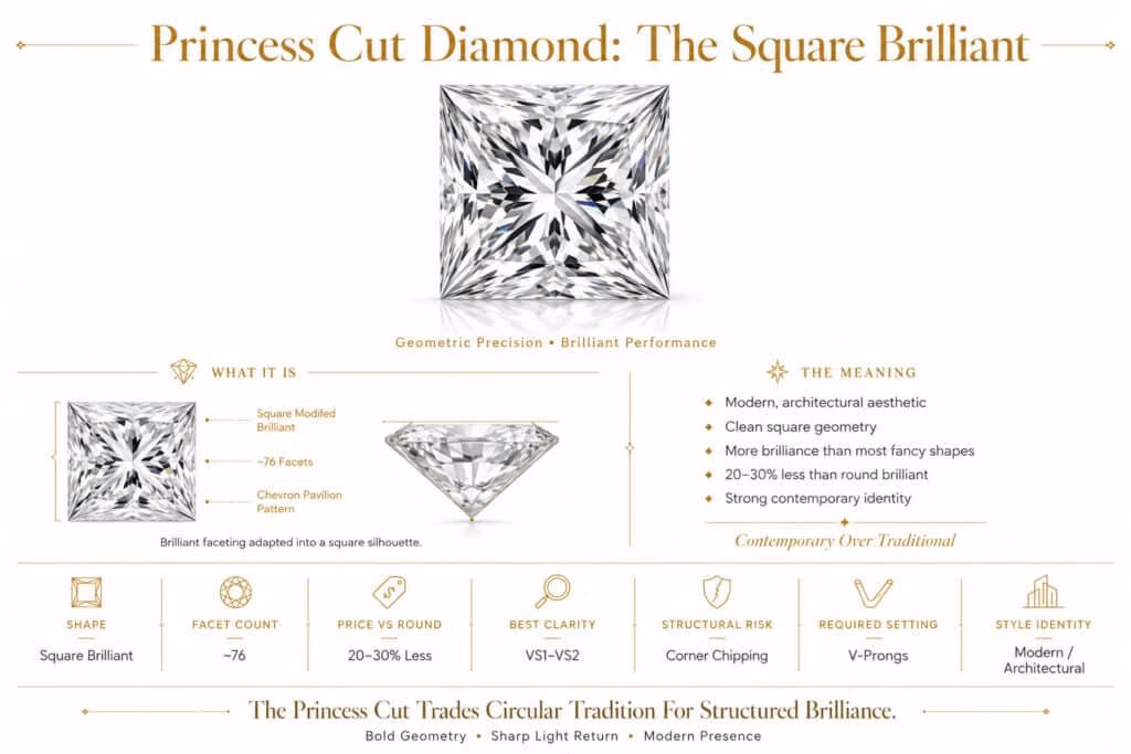 Ultra-luxury editorial infographic explaining the princess cut diamond with square brilliant geometry, architectural sparkle, pointed corners, and modern styling on a clean white background with refined gold accents.